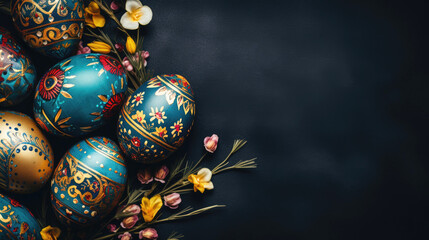 Easter eggs vintage Colorful. Easter eggs and flower ornaments on dark background banner copy space area 