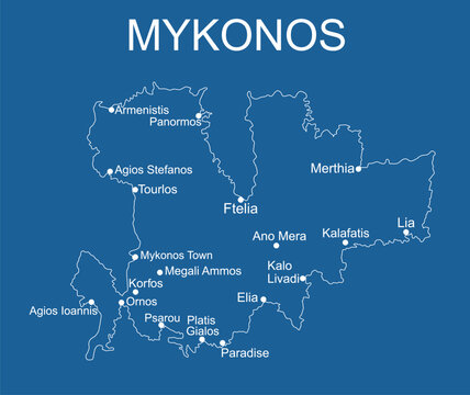Greece island Mykonos map vector line contour silhouette illustration isolated on blue background.