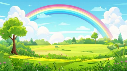 Rainbow over countryside landscape background