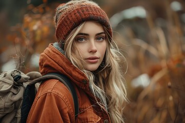 Portrait of a young woman in warm autumn clothes with a pensive expression amidst a fall setting