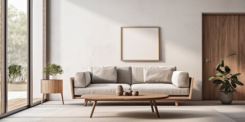 Fototapeta premium Minimal living room interior with a wooden table, carpet, grey sofa, and door captured in a real photo.