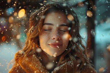 A young woman is smiling with her eyes closed, surrounded by falling snowflakes and a warm, bokeh light background