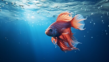 Betta fish in the water, fish in the ocean, beautiful fish, orange-red color