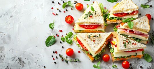 Triangle ham, cheese, and tomato sandwich with salad on bright white background, copy space included