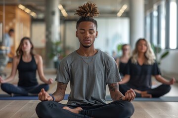 A group of people are sitting in a room and meditating. The man in the center is wearing a gray shirt and has tattoos on his arm
