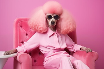 Glamorous poodle in pink with sunglasses posing on armchair, pet fashion icon