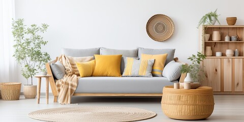 Modern boho living room with gray sofa, wooden coffee table, rattan basket, and elegant accessories. Honey yellow pillow and plaid add coziness to home decor.