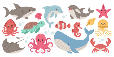 Set with hand drawn elements of sea animals, sea creatures. Vector doodle cartoon set of sea life objects for your design.