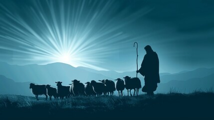 Silhouette of Jesus Christ as a shepherd leading a flock through a valley.