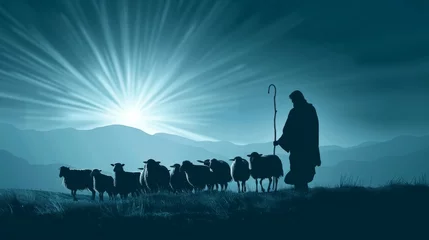 Fotobehang Silhouette of Jesus Christ as a shepherd leading a flock through a valley. © furyon