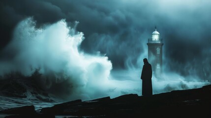 Silhouette of Jesus Christ standing by a lighthouse during a storm. - obrazy, fototapety, plakaty