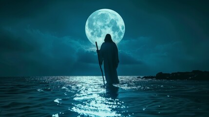 Silhouette of Jesus Christ walking on water during a full moon night, portraying a miraculous scene.