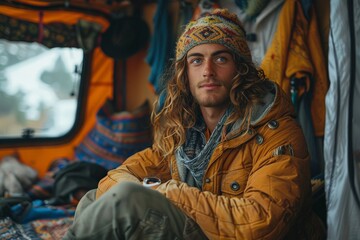 A young man in a yellow coat inside a bohemian-style camper van suggests adventure