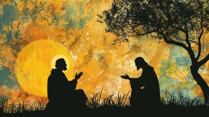Silhouette of Jesus telling the parable of the rich fool - obrazy, fototapety, plakaty
