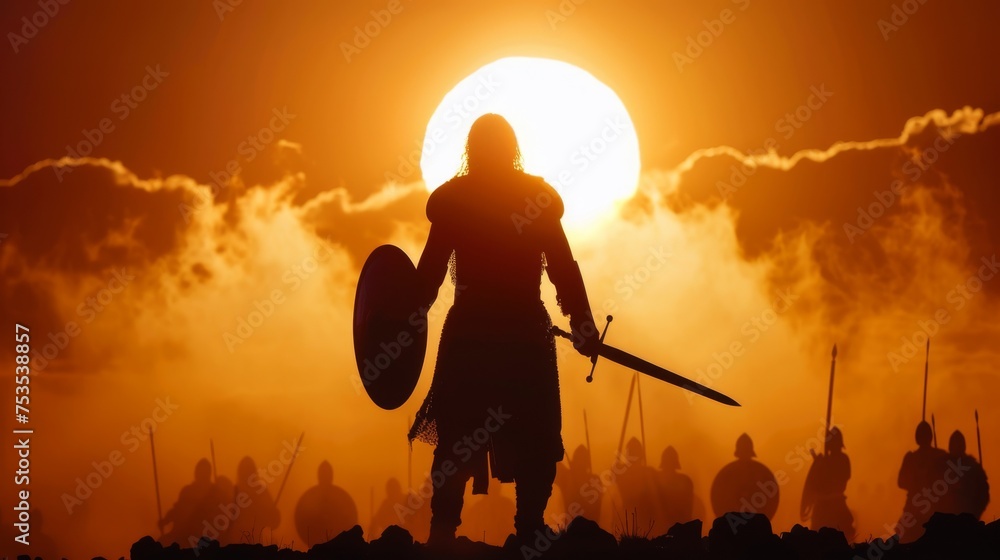 Wall mural silhouette of joshua commanding the sun to stand still during battle - Wall murals