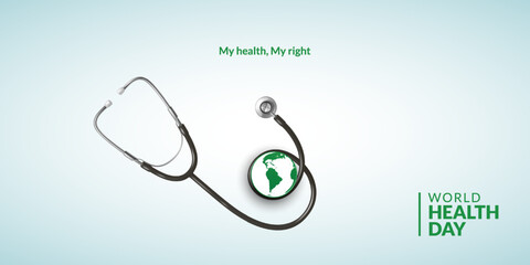 World Health Day, Health Day creative, stethoscope with world map, heart, family, natural, stethoscope, vector illustration. 