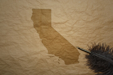 map of california state on a old paper background with old pen