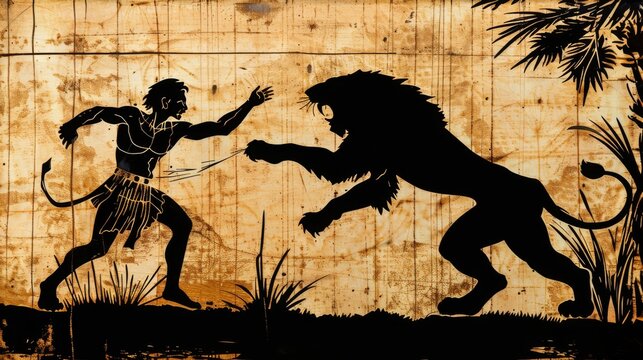 Silhouette of Samson fighting the lion