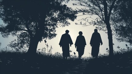 Silhouette of the disciples on the road to Emmaus meeting Jesus