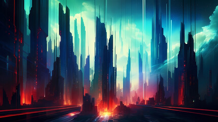 Epic sci-fi cityscape illustration with light effects, abstract background