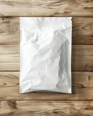 white packaging bag mockup, on a wooden table