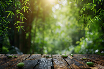 Empty wooden easter time against a natural sunny blurred bamboo forest garden banner background 9