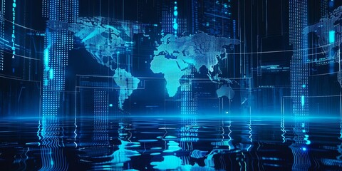 Obraz premium The background is a glowing blue world map with stock market bar charts and graphs on a dark background