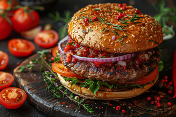 photo of delicious burger with tomato, onions, and lettuce fresh off the grill