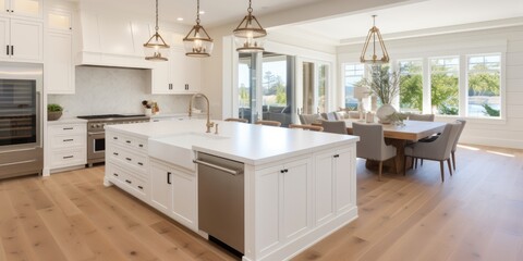 Luxurious new home with hardwood floors, two farmhouse sinks, and white cabinets in the kitchen.