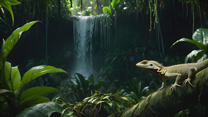 Naklejka na ściany i meble Lizard on the background of a waterfall