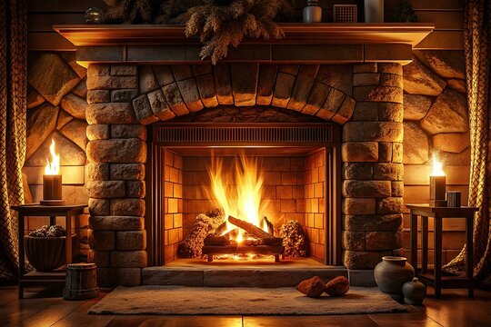 A cozy fireplace with crackling flames and glowing embers. fireplace 
