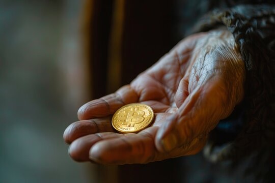 Hand holding old money coin man person. people poor woman finance. Money habits, old hands, retirement. generative ai