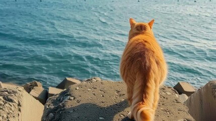 Fototapeta na wymiar Orange cat gazing at calm sea from rocky shore