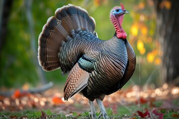 A turkey with a red neck stands in a field - obrazy, fototapety, plakaty