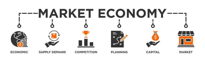 Market economy banner web icon vector illustration concept with icon of economic, supply demand, competition, planning, capital, market
