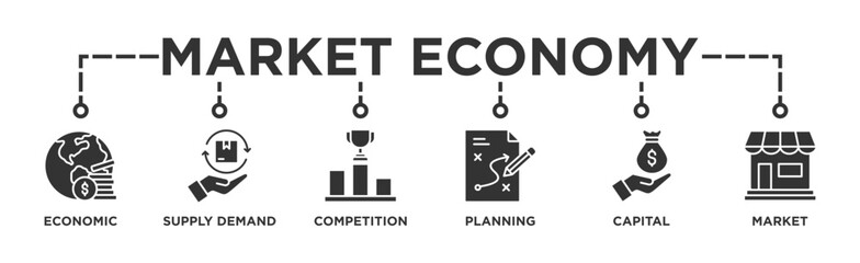 Market economy banner web icon vector illustration concept with icon of economic, supply demand, competition, planning, capital, market