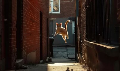 Silhouette of a cat jumping with sunlight shining on it