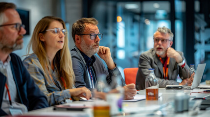 Fototapeta premium men and women are sitting at a table in a meeting room and animatedly discussing a business project