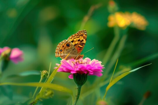 Close up photo of a butterfly perched on a pink zinnia flower