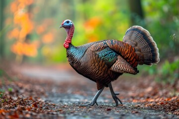 A turkey with a red neck stands in a field - obrazy, fototapety, plakaty
