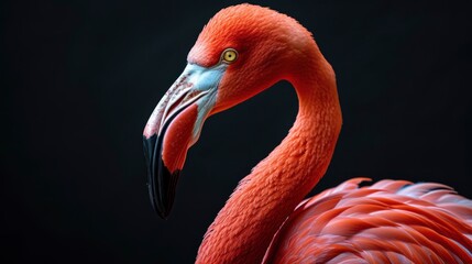 A flamingo is standing on a black background - obrazy, fototapety, plakaty
