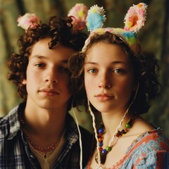 Obraz premium Two teens pose for a photo wearing rabbit ears and glasses, Fictional Character Created By Generated AI.