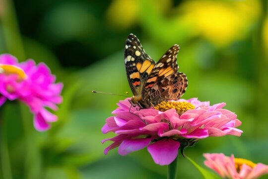 Close up photo of a butterfly perched on a pink zinnia flower