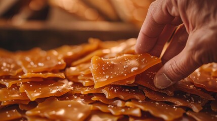 Crunchy peanut brittle  hand breaking with scattered pieces, highlighting texture and taste. - obrazy, fototapety, plakaty