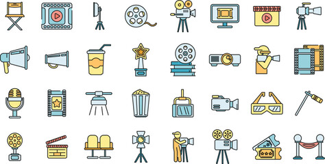 Cinematographer icons set outline vector. Cinema movie. Film video color line isolated