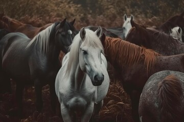 Obraz premium White horse standing among brown horses