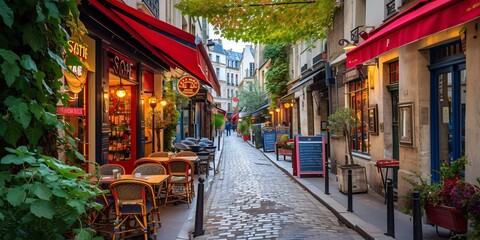 Fototapeta na wymiar Quaint Parisian street lined with caf√© tables in France's capital.
