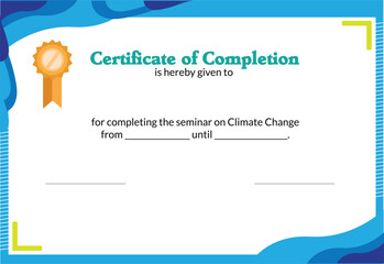 Certificate of Completion template for Climate Change. Editable Clip Art. 