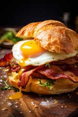 A delectable breakfast sandwich featuring a flaky croissant filled with crispy bacon, a fried egg with a runny yolk, and fresh greens.