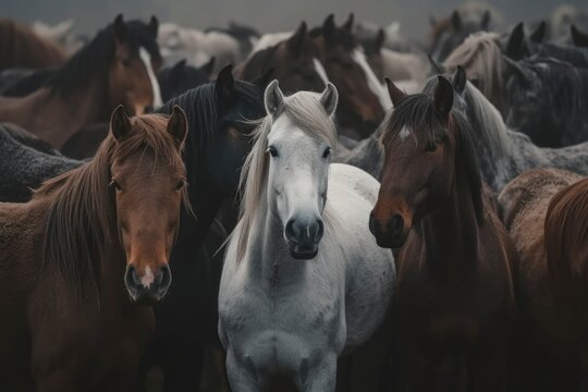 White horse standing among brown horses